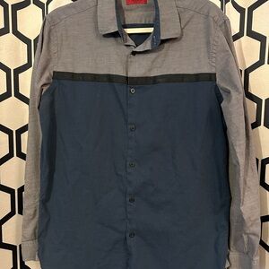 Alfani Gray and Navy Block Pattern Slim Fit Button-Up Shirt